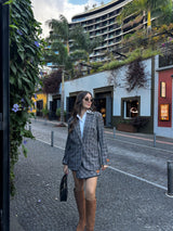 Grey 2-in-1 Double-Breasted Check Blazer with Attached Shirt Lança Perfume