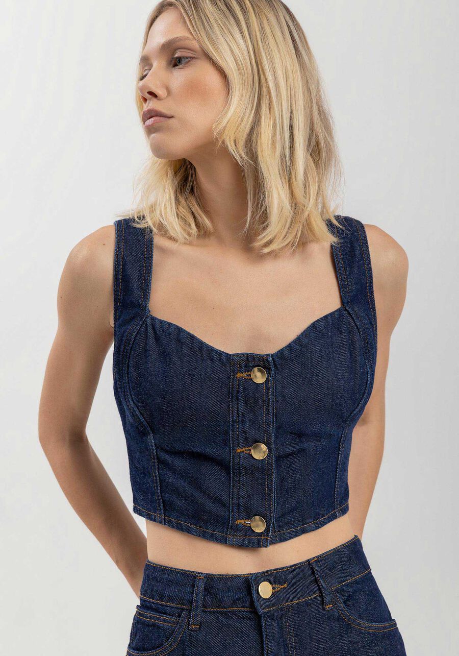 Cropped Denim Top with Wide Straps and Sweetheart Neckline Lez a Lez