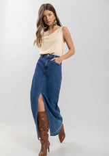Long Denim Skirt with Front Slit and Stretch Lez a Lez