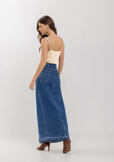 Long Denim Skirt with Front Slit and Stretch Lez a Lez