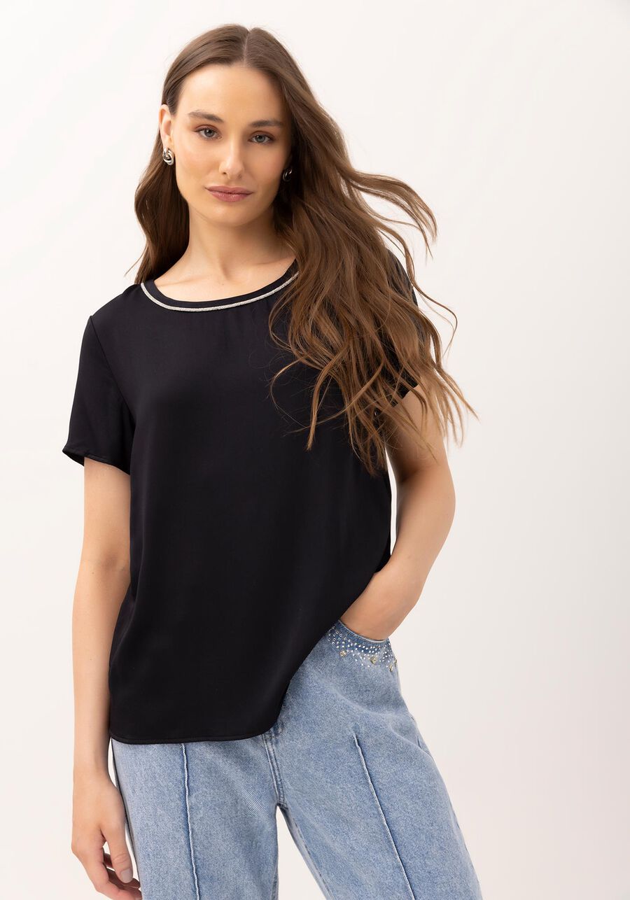 Blusa lisa de manga curta  com brilhantes Lez a Lez