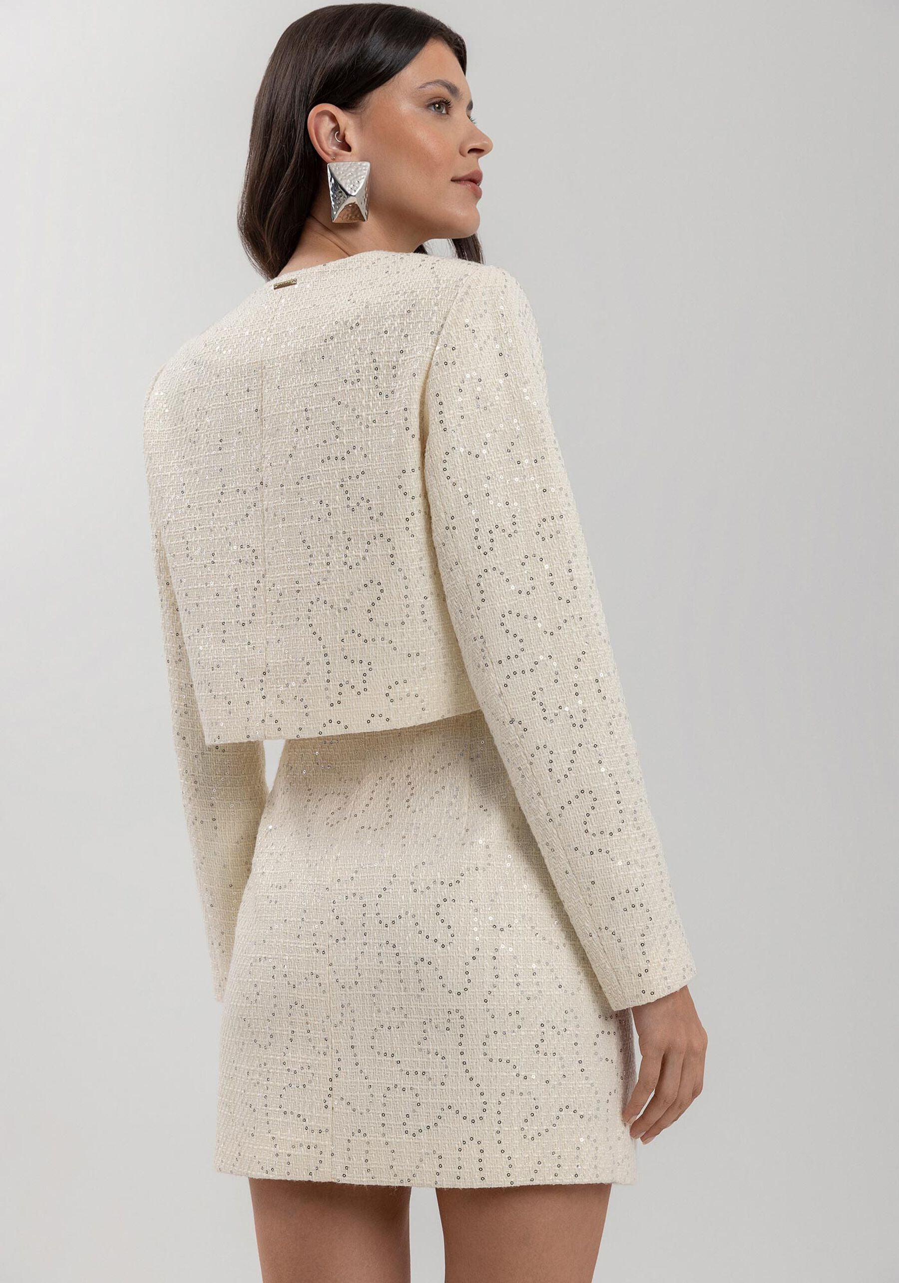 Cropped Tweed Jacket with Lapels and Sequin Embellishments LEZ A LEZ