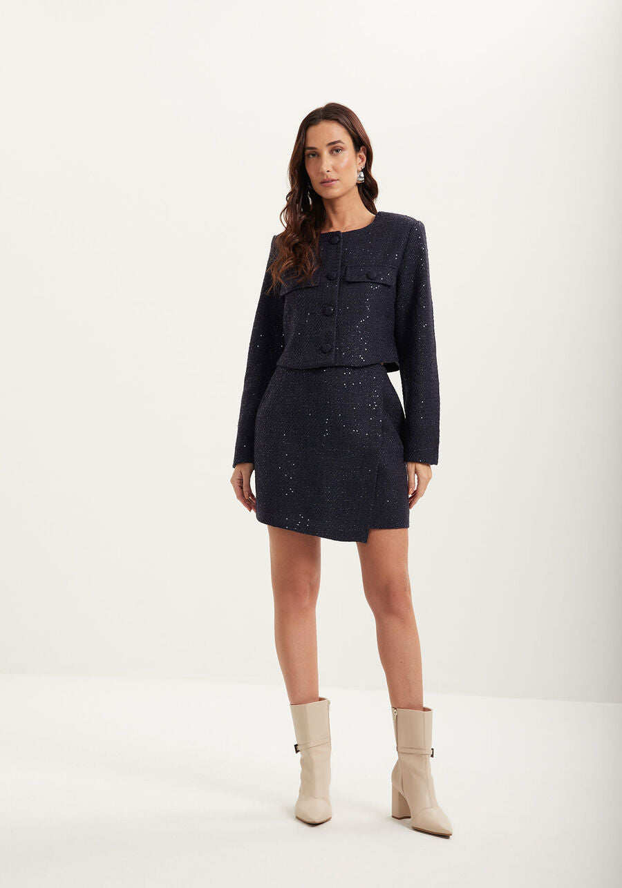 Cropped Tweed Jacket with Lapels and Sequin Embellishments LEZ A LEZ