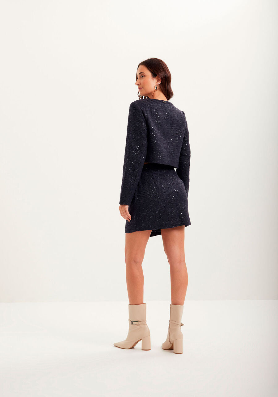 Cropped Tweed Jacket with Lapels and Sequin Embellishments LEZ A LEZ
