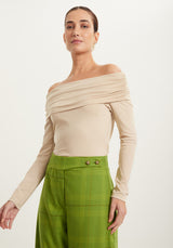 Off-Shoulder Ruched Knit Top with Long Sleeves Lez a Lez