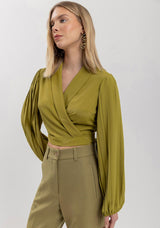 Cropped Wrap Blouse with Pleated Long Sleeves Lez a Lez