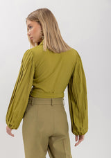 Cropped Wrap Blouse with Pleated Long Sleeves Lez a Lez
