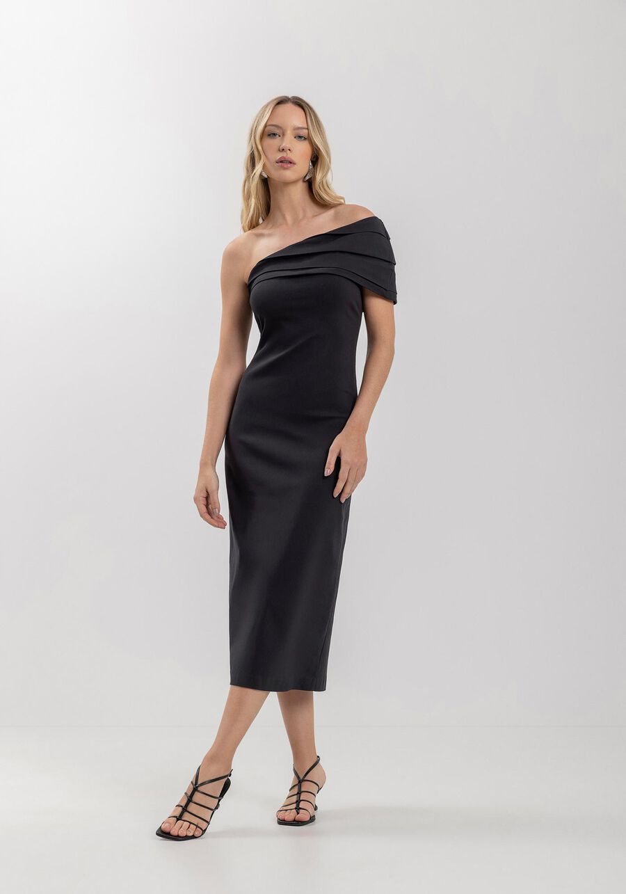 One-Shoulder Bengaline Midi Dress with Slit Lez a Lez