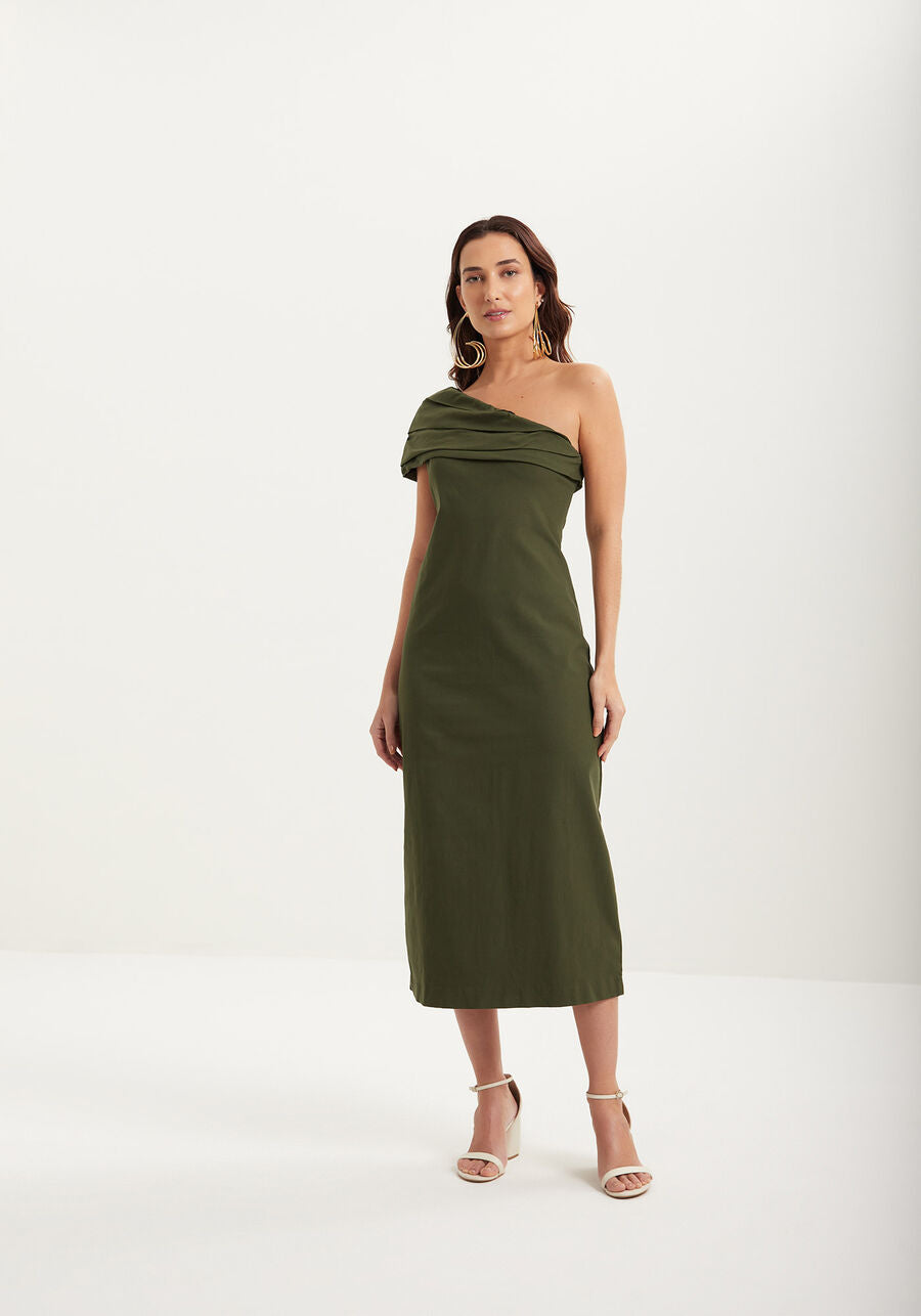 Vestido midi bengaline de um ombro só com racha lez a lez