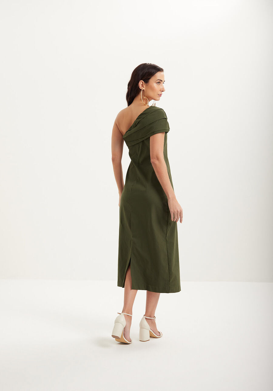 One-Shoulder Bengaline Midi Dress with Slit Lez a Lez