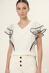 Ruffle-Sleeve V-Neck Blouse Arggido