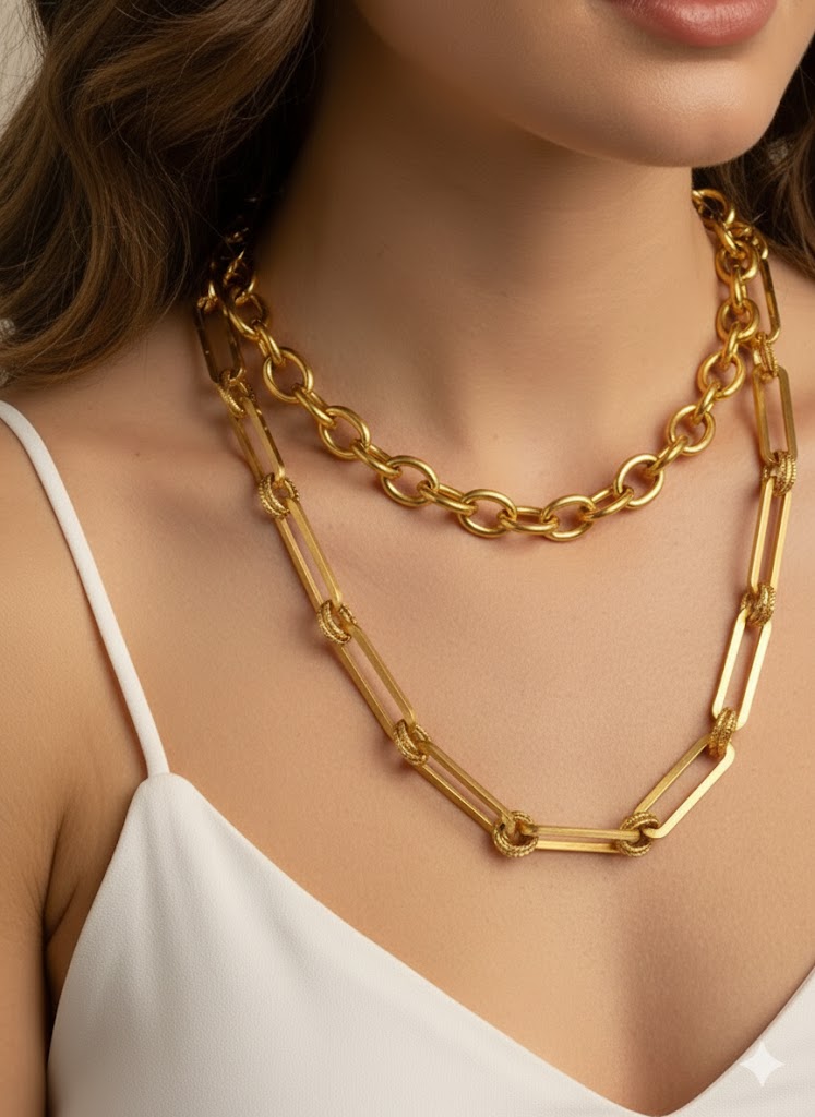 Gold Tone Two Layer Chain Necklace Jetlag
