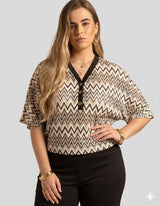 Chevron Pleated Button-Front Knit Blouse Quattro Venti