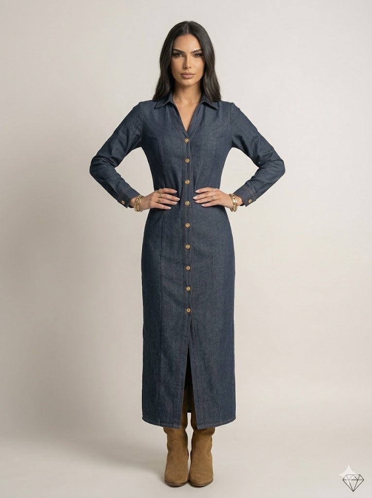Tailored Long-Sleeve Denim Maxi Dress Arggido