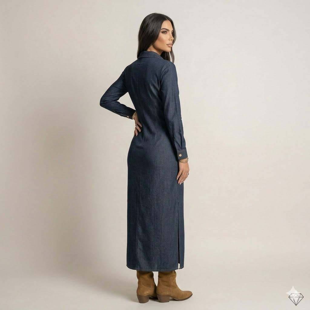 Tailored Long-Sleeve Denim Maxi Dress Arggido