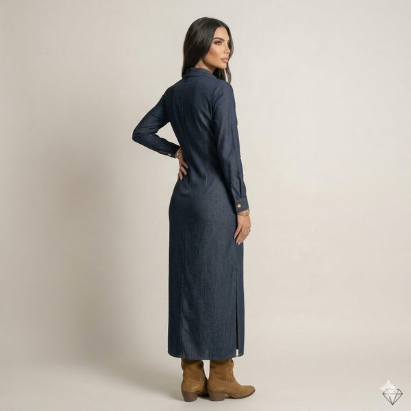 Tailored Long-Sleeve Denim Maxi Dress Arggido