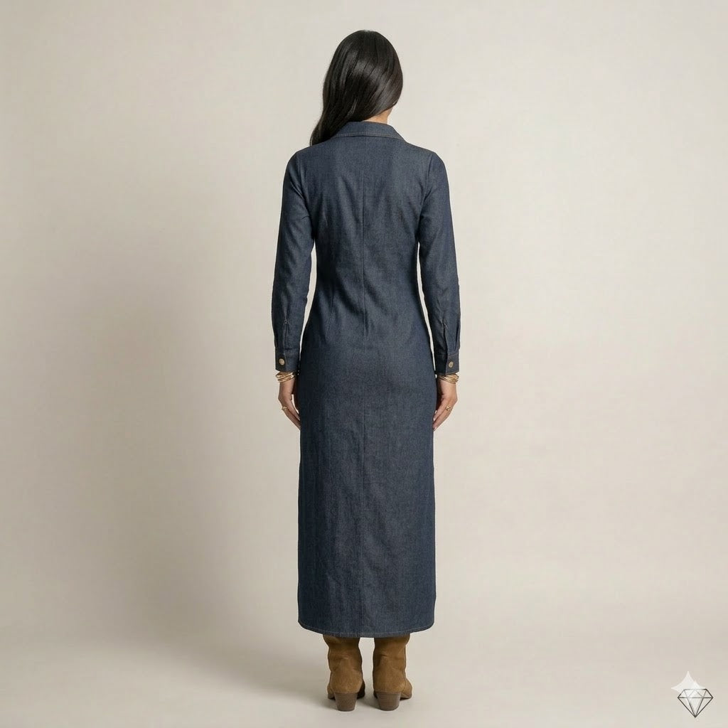 Tailored Long-Sleeve Denim Maxi Dress Arggido