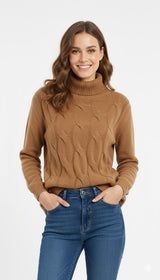 Camisola de mulher premium castanho chocolate com gola alta, polo americano, Assm.