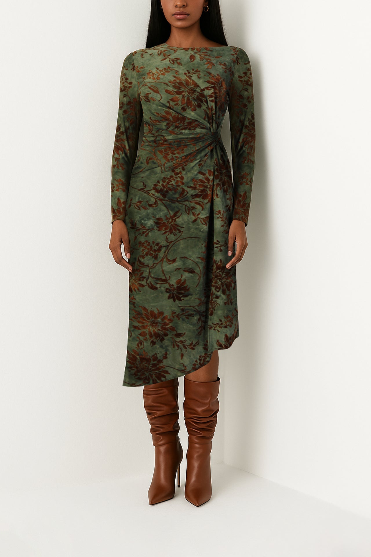 Front-Knot Velvet Midi Dress Sahoco